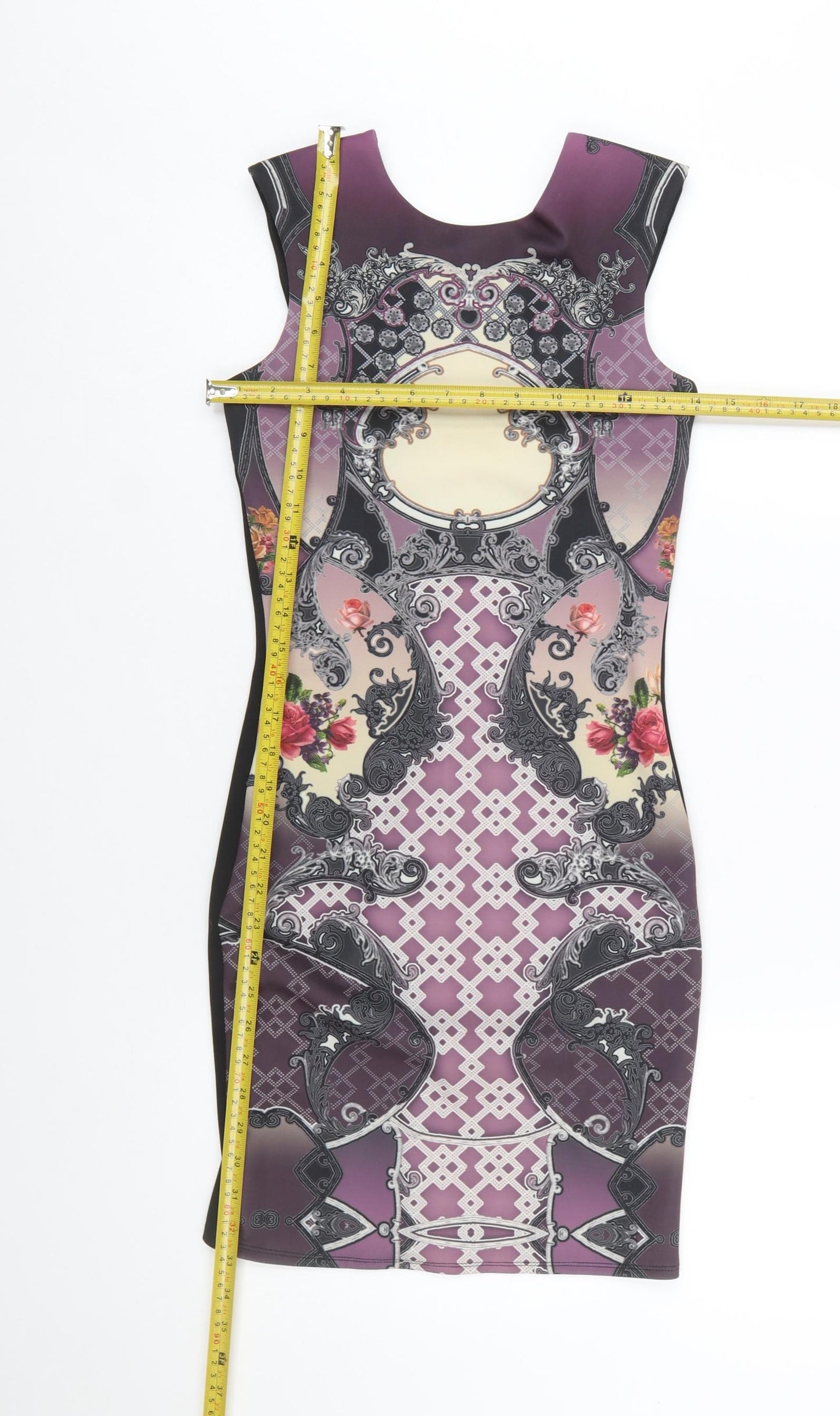 Miss Selfridge Women Purple Bodycon Dress Size 8 Baroque Print Zip Back