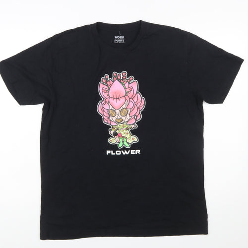 Workpoint Entertainment Women’s Black Flower Cartoon Print T-Shirt Size L