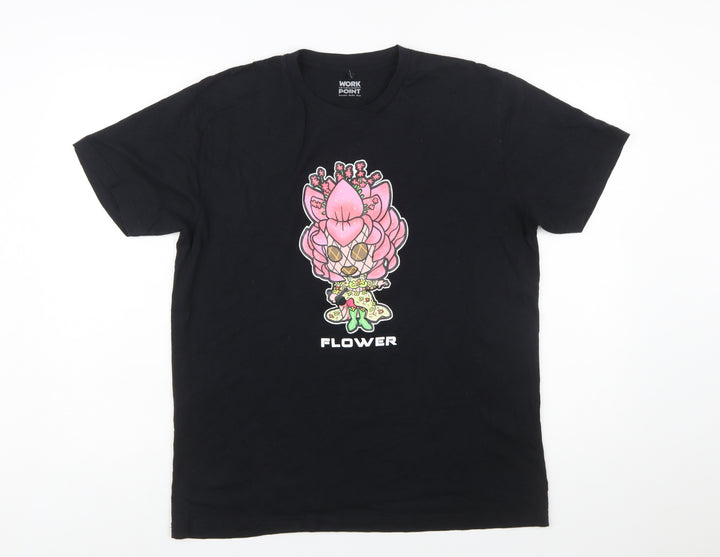 Workpoint Entertainment Women’s Black Flower Cartoon Print T-Shirt Size L