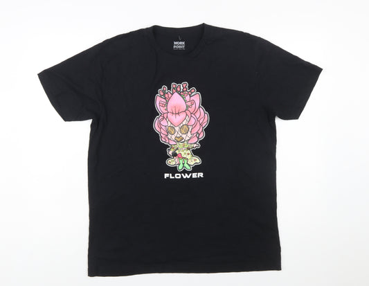 Workpoint Entertainment Women’s Black Flower Cartoon Print T-Shirt Size L