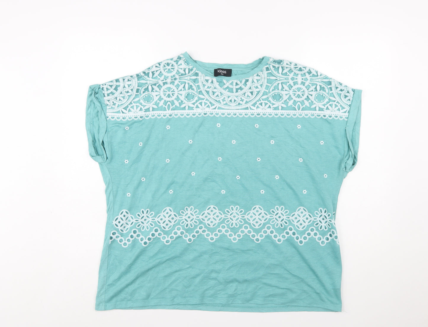 Klass Womens Aqua Blue Lace Detail Short Sleeve Tunic Top XXL