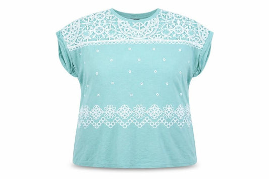 Front view of Klass women’s aqua blue lace detail short sleeve tunic top xxl