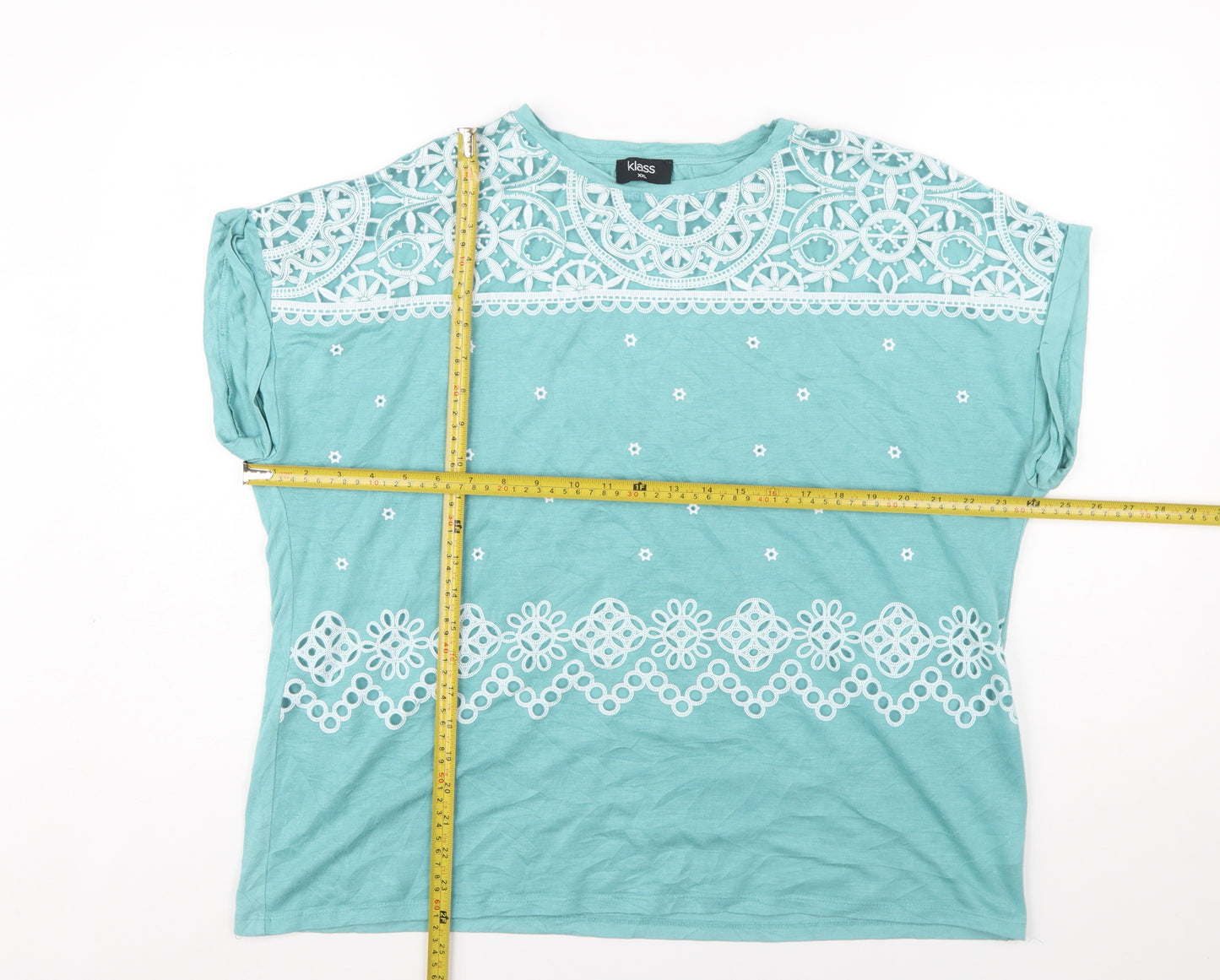 Klass Womens Aqua Blue Lace Detail Short Sleeve Tunic Top XXL