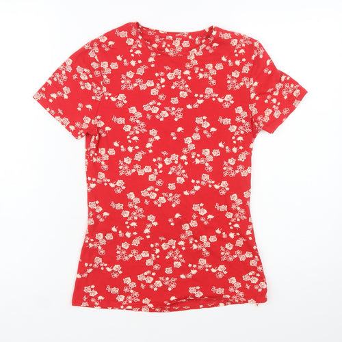 Marks and Spencer Women Red Floral Short Sleeve Cotton T-Shirt Size 8