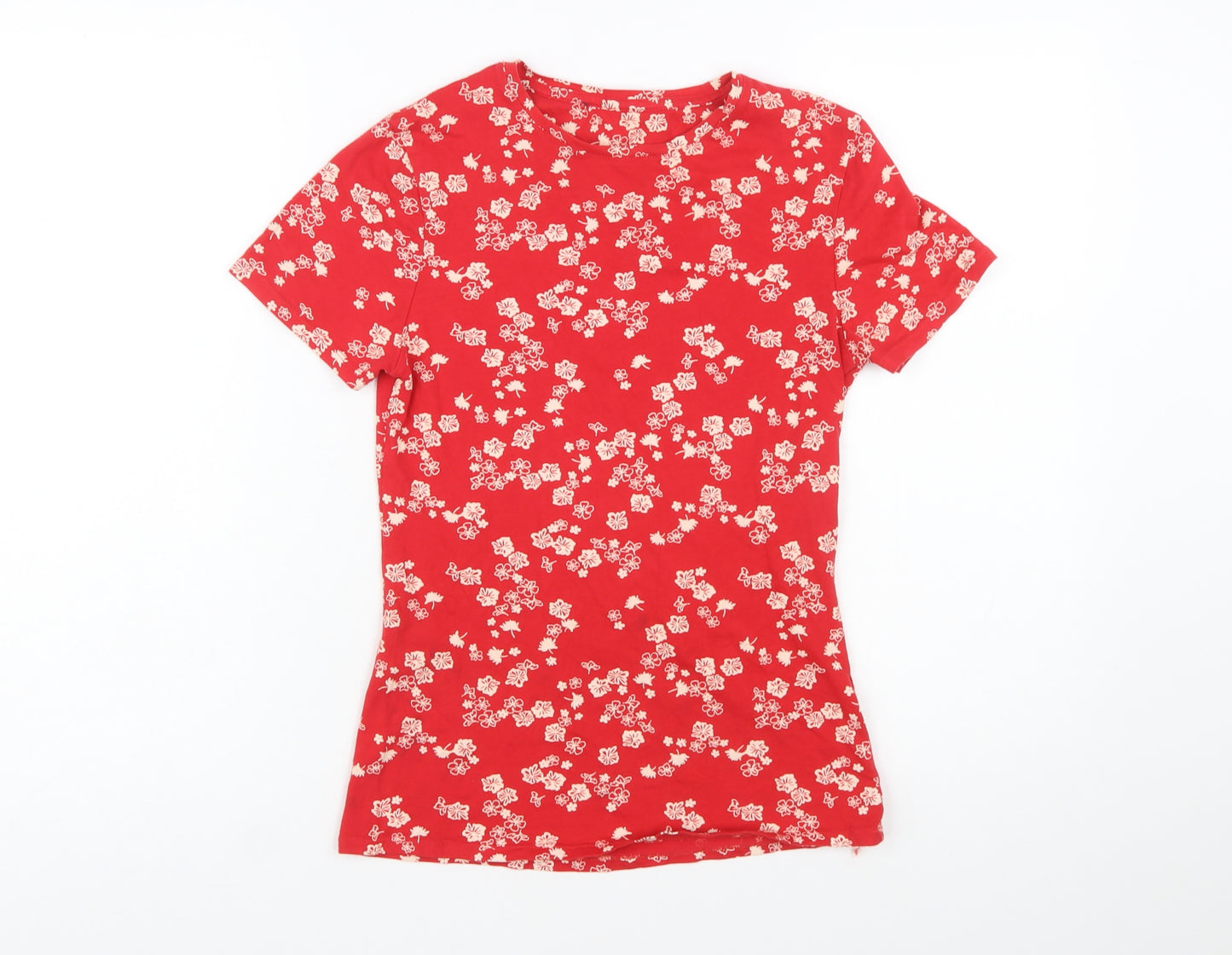Marks and Spencer Women Red Floral Short Sleeve Cotton T-Shirt Size 8