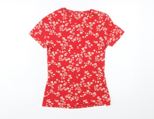 Marks and Spencer Women Red Floral Short Sleeve Cotton T-Shirt Size 8