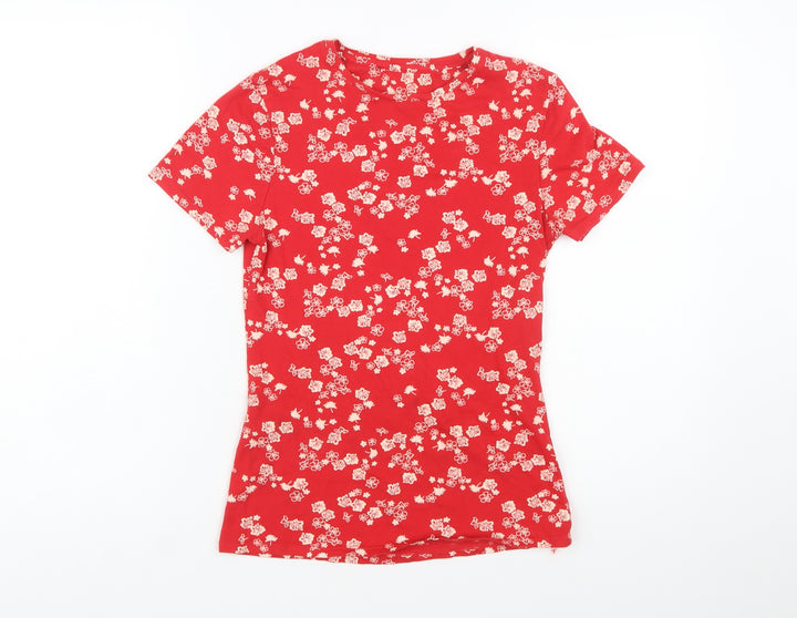 Marks and Spencer Women Red Floral Short Sleeve Cotton T-Shirt Size 8