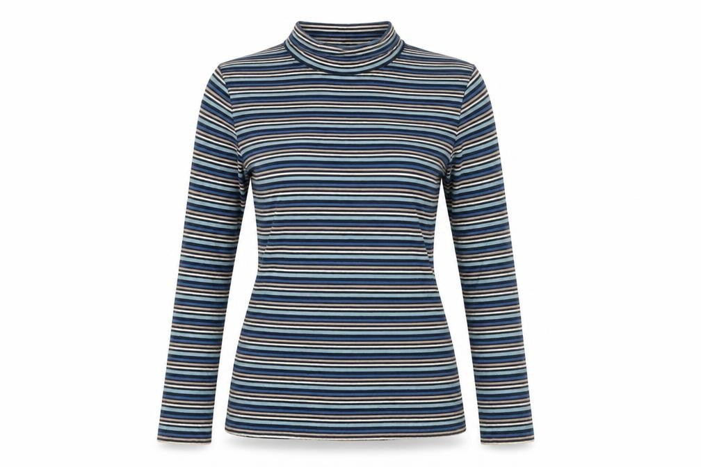 Front view of Seasalt Cornwall women’s blue striped roll neck jersey top uk 8