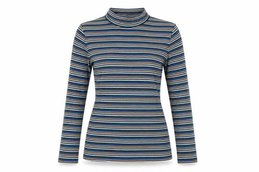 Front view of Seasalt Cornwall women’s blue striped roll neck jersey top uk 8