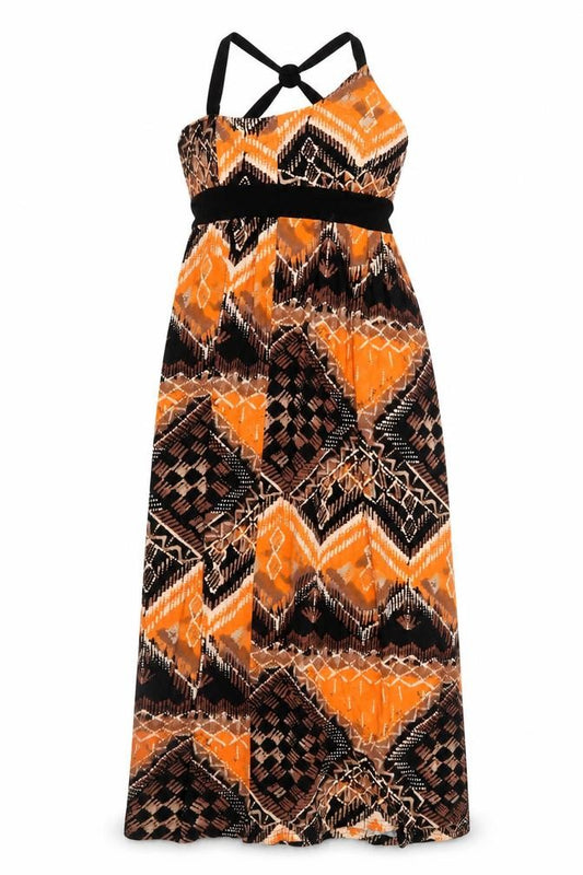 Front view of Et Vous Women's Orange Geometric Maxi Halter Dress, size 10