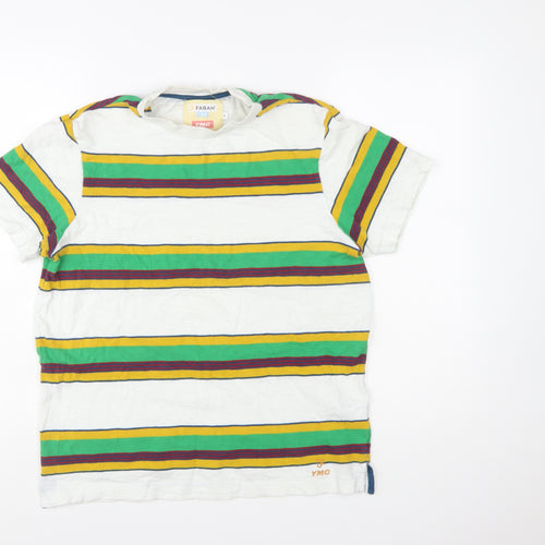 Farah YMC Men's White Multicoloured Striped Cotton T-Shirt Size S