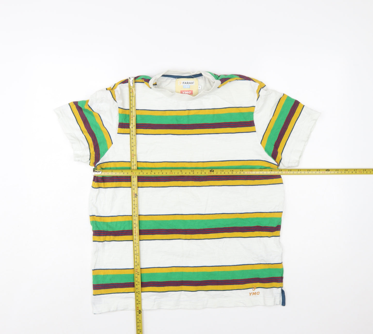 Farah YMC Men's White Multicoloured Striped Cotton T-Shirt Size S