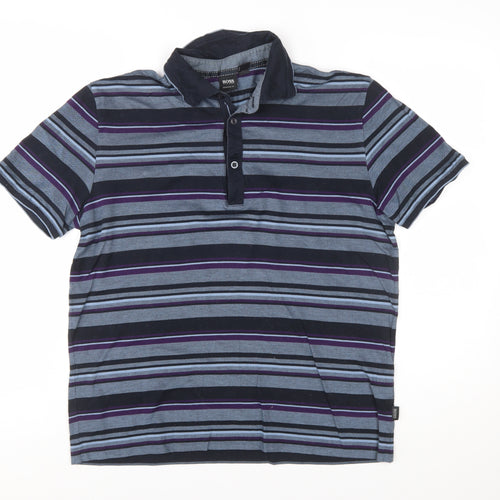 Hugo Boss Men's Blue Striped Regular Fit Cotton Polo Shirt Size M