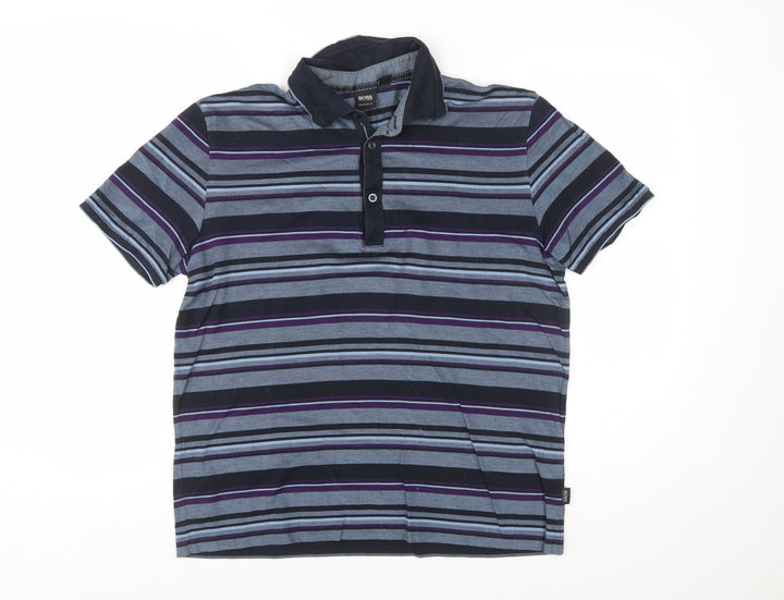 Hugo Boss Men's Blue Striped Regular Fit Cotton Polo Shirt Size M