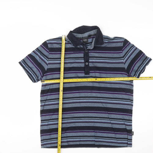 Hugo Boss Men's Blue Striped Regular Fit Cotton Polo Shirt Size M