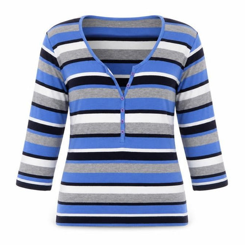 Harbour View Women's Blue Striped 3/4 Sleeve Henley T-Shirt M