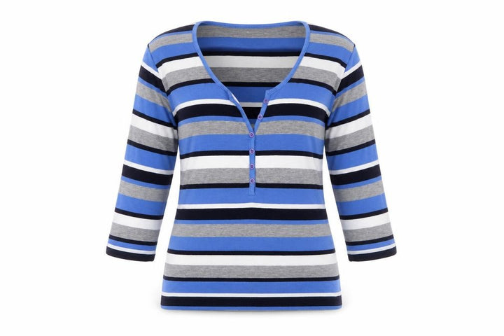 Harbour View Women's Blue Striped 3/4 Sleeve Henley T-Shirt M