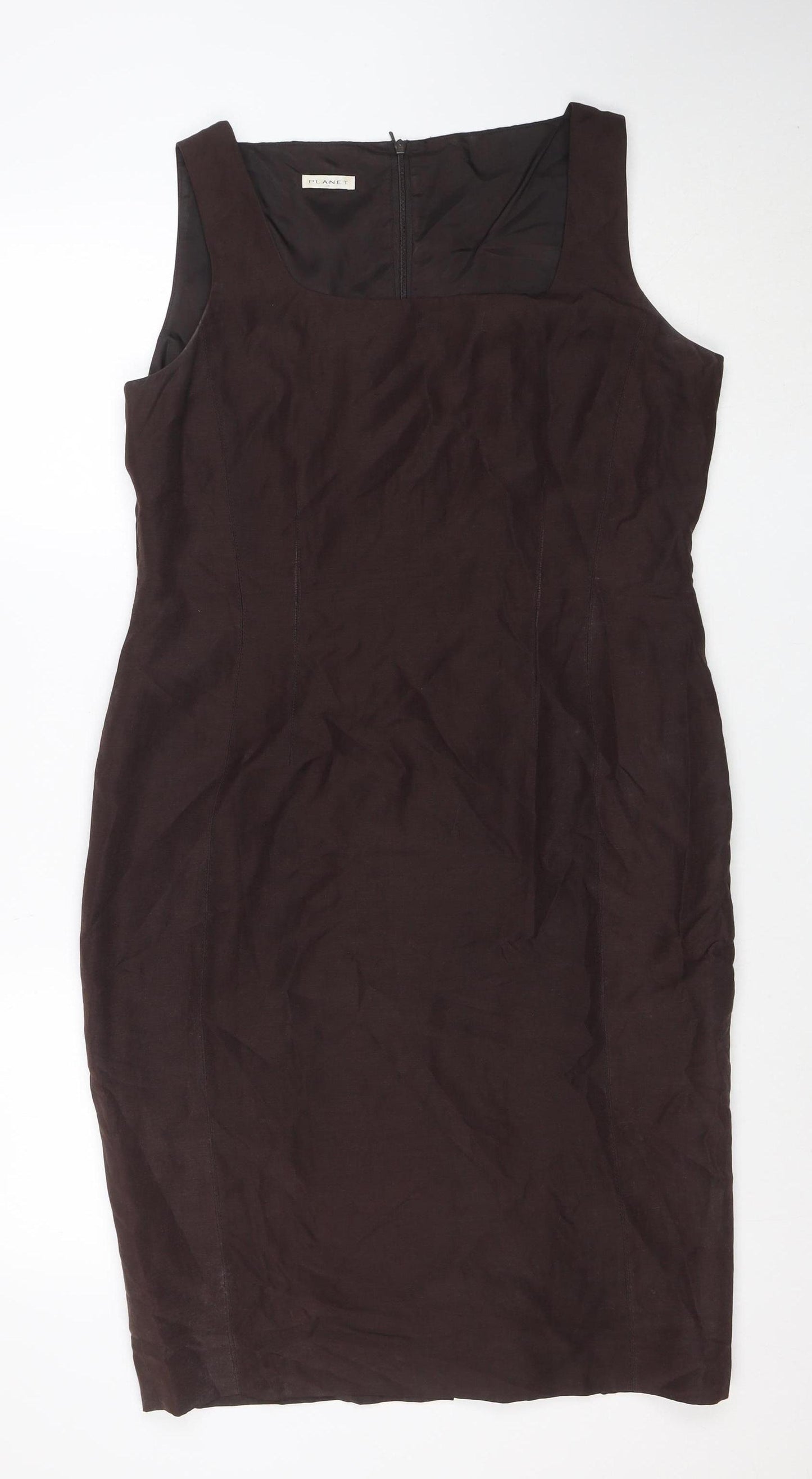 Planet Women Brown Silk Linen Sheath Dress Size 14 Sleeveless Workwear