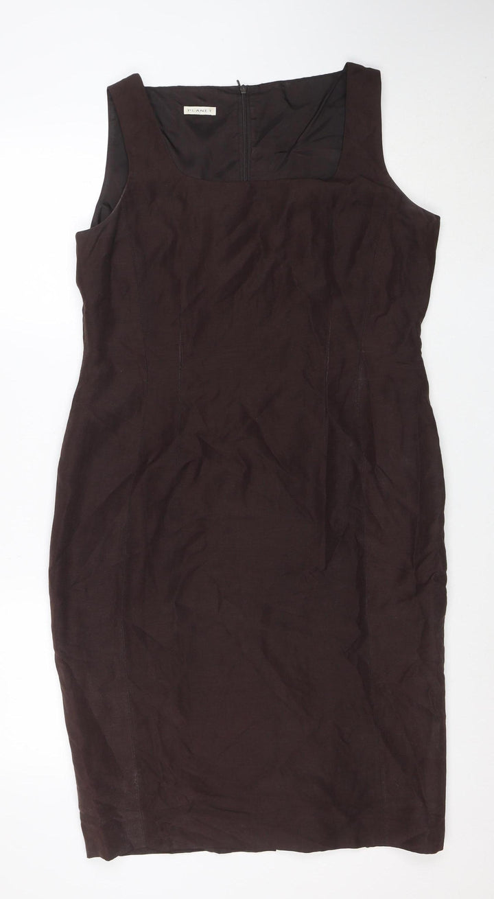 Planet Women Brown Silk Linen Sheath Dress Size 14 Sleeveless Workwear