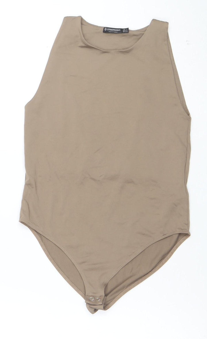 Stradivarius Womens Beige Sleeveless Bodysuit L Round Neck Stretch