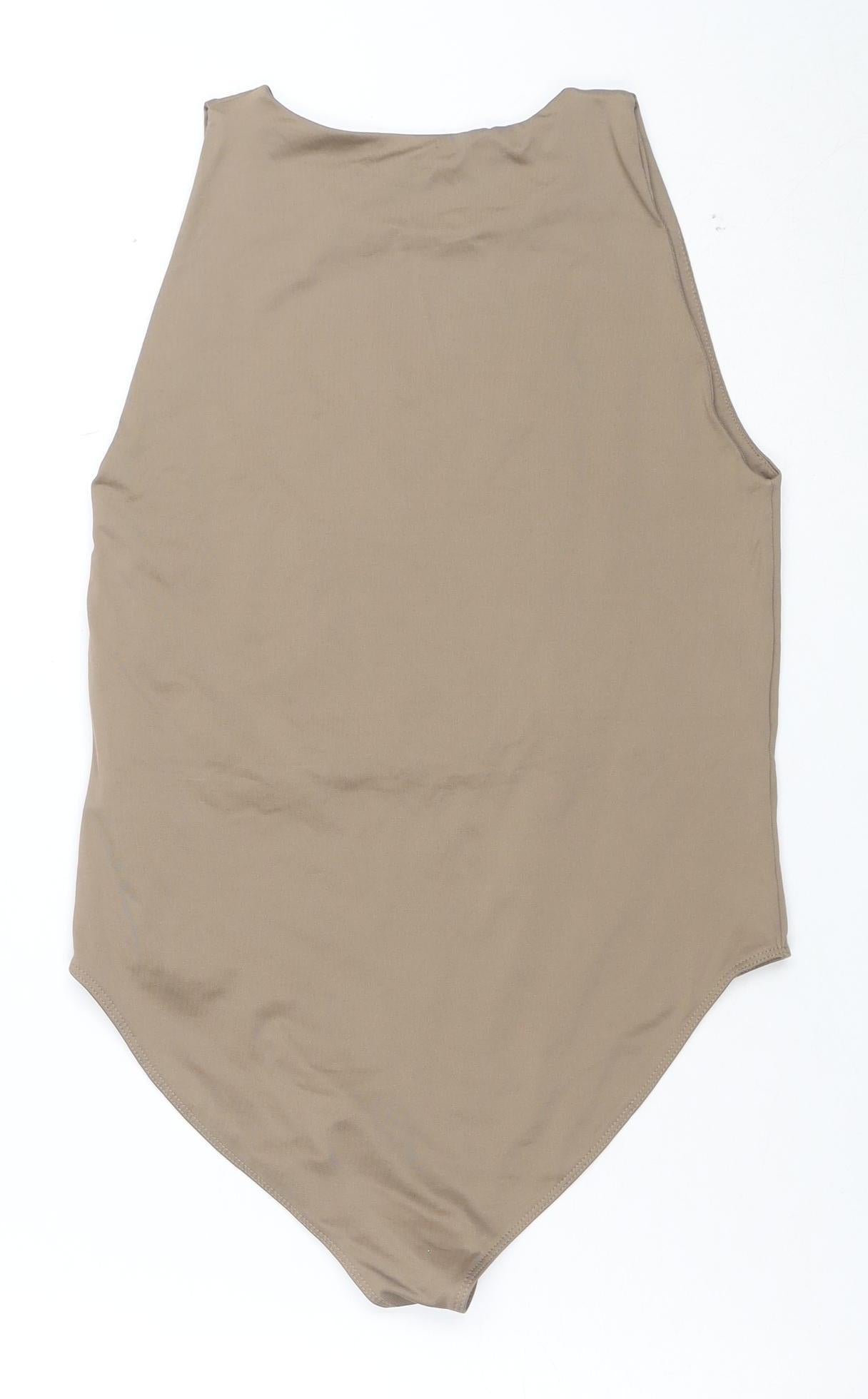 Stradivarius Womens Beige Sleeveless Bodysuit L Round Neck Stretch