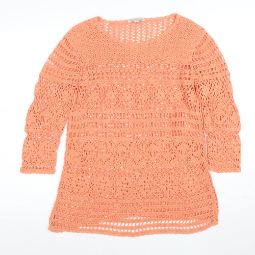 CP Womens Orange Crochet Cotton 3/4 Sleeve Pullover Jumper Size L