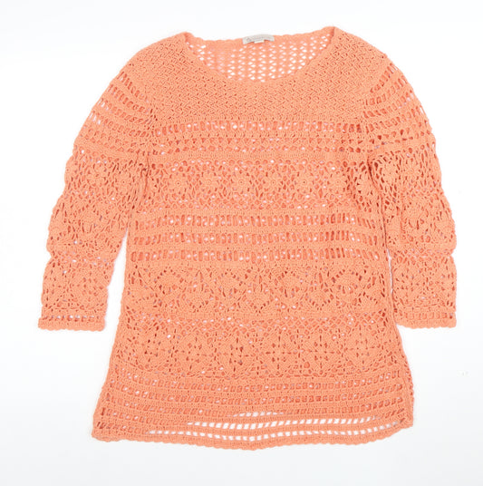 CP Womens Orange Crochet Cotton 3/4 Sleeve Pullover Jumper Size L