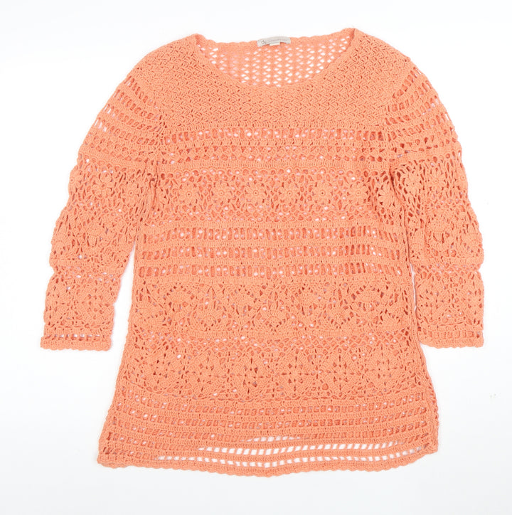 CP Womens Orange Crochet Cotton 3/4 Sleeve Pullover Jumper Size L