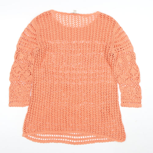CP Womens Orange Crochet Cotton 3/4 Sleeve Pullover Jumper Size L