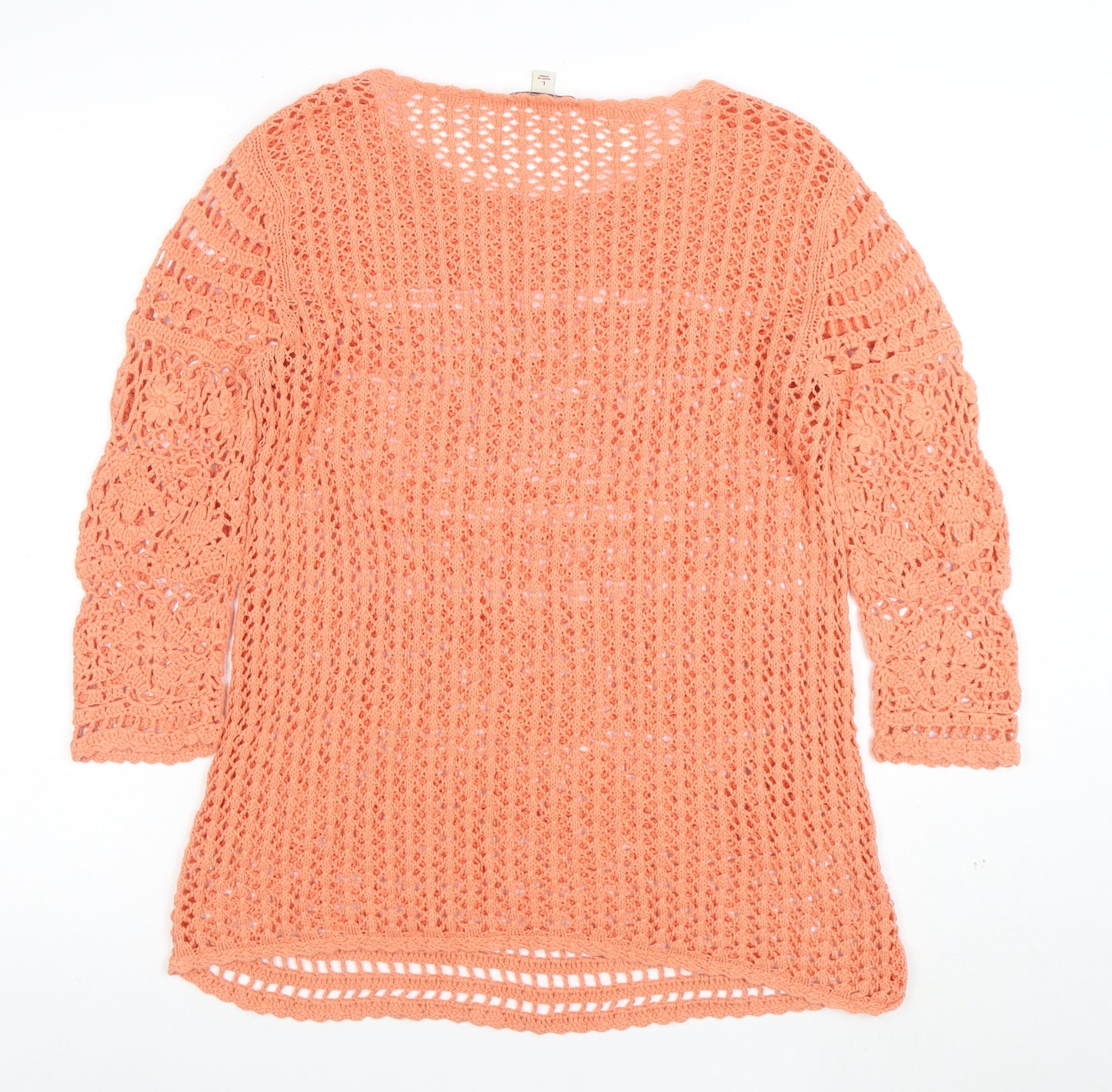 CP Womens Orange Crochet Cotton 3/4 Sleeve Pullover Jumper Size L