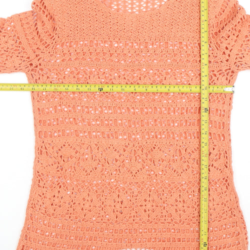 CP Womens Orange Crochet Cotton 3/4 Sleeve Pullover Jumper Size L