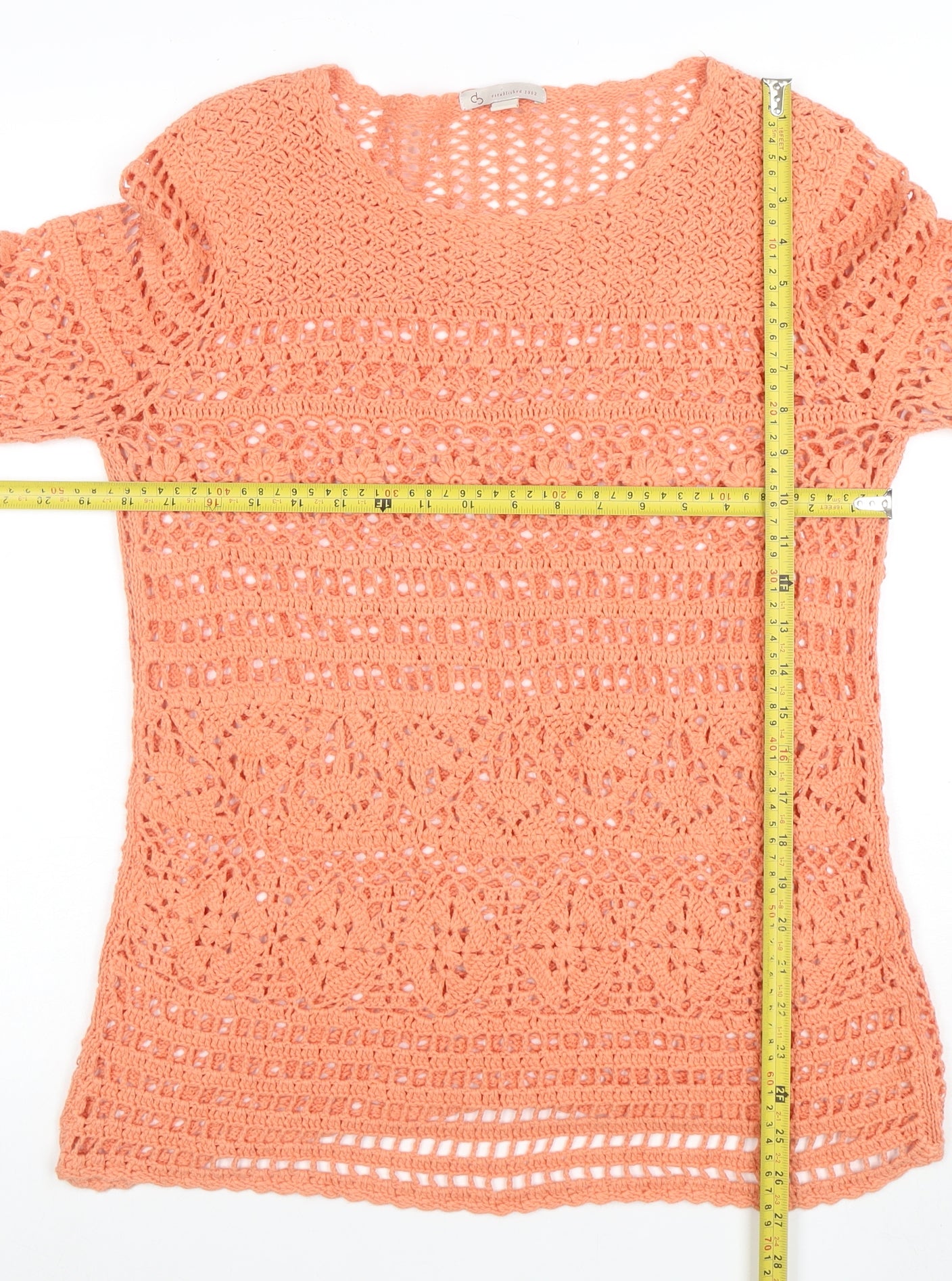 CP Womens Orange Crochet Cotton 3/4 Sleeve Pullover Jumper Size L