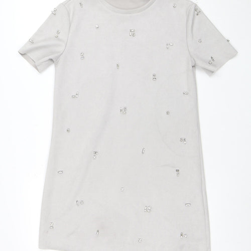 ZARA Women Grey Short Sleeve Beaded Shift Dress Size S