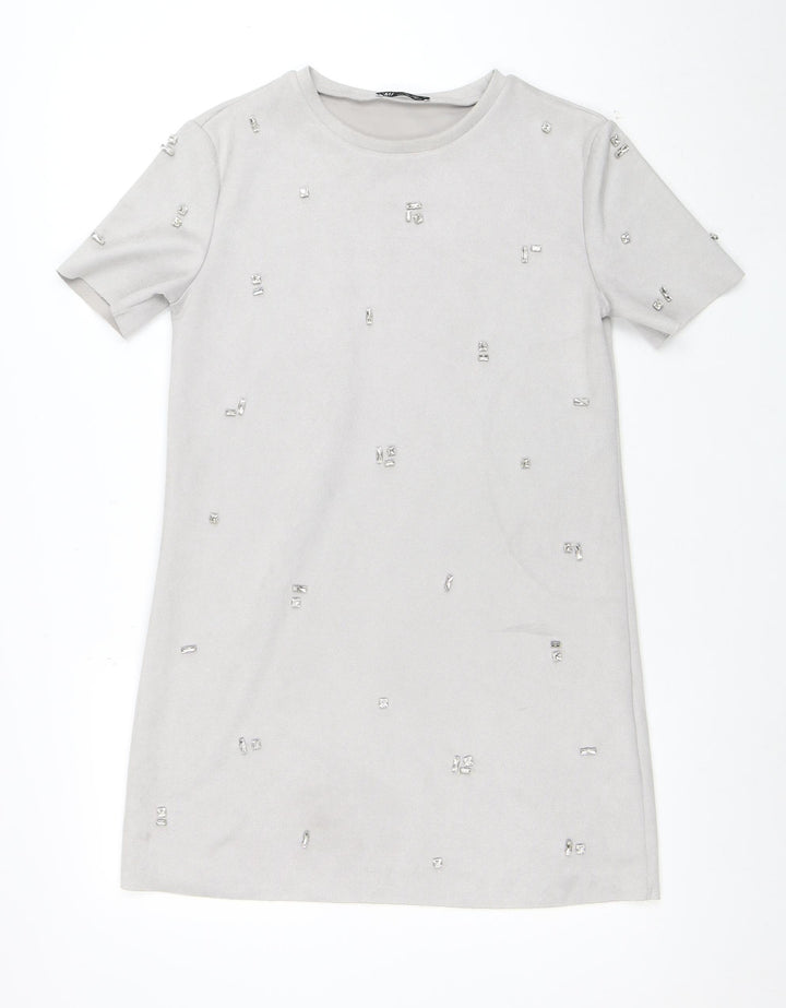 ZARA Women Grey Short Sleeve Beaded Shift Dress Size S