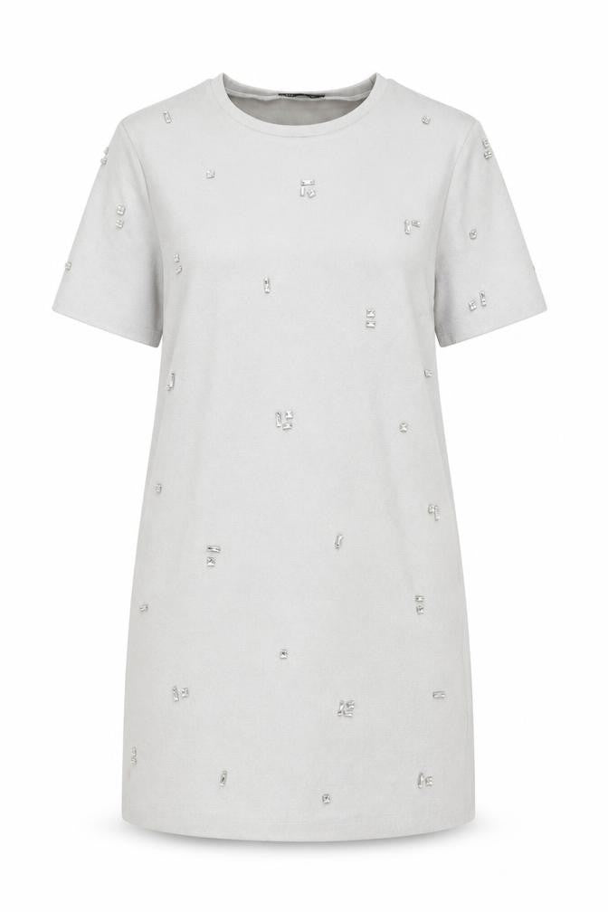 Front view of Zara Women Grey Short Sleeve Beaded Shift Dress, size S