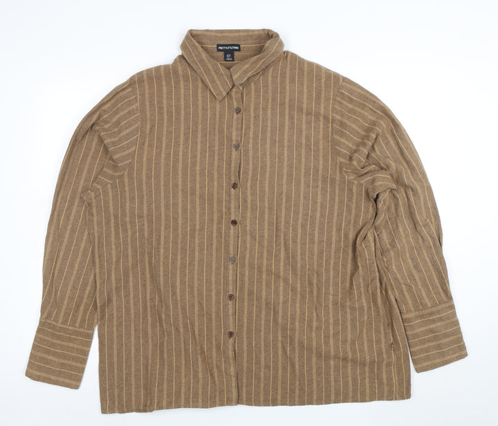 PrettyLittleThing Women Brown Striped Button-Up Shirt UK 10 Long Sleeve Collared