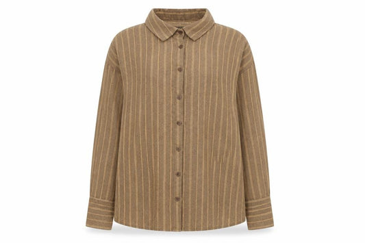 Front view of PRETTYLITTLETHING Women Brown Striped Button-Up Shirt UK 10 Long Sleeve Collared