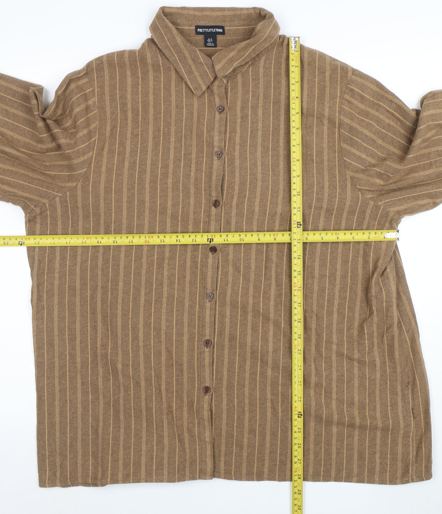 PrettyLittleThing Women Brown Striped Button-Up Shirt UK 10 Long Sleeve Collared