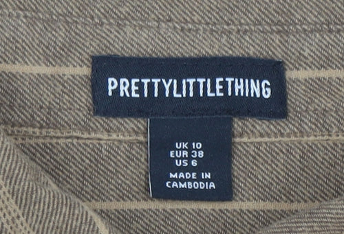 PrettyLittleThing Women Brown Striped Button-Up Shirt UK 10 Long Sleeve Collared