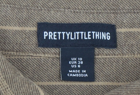 PrettyLittleThing Women Brown Striped Button-Up Shirt UK 10 Long Sleeve Collared