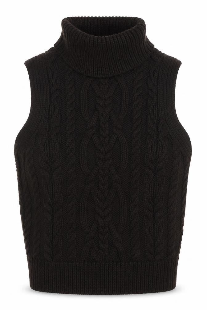 Zara Womens Brown Cable-Knit Sleeveless Roll Neck Jumper Vest Size M