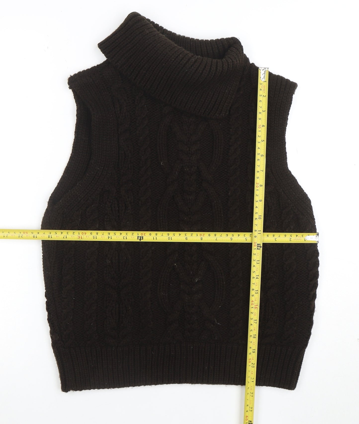 Zara Womens Brown Cable-Knit Sleeveless Roll Neck Jumper Vest Size M