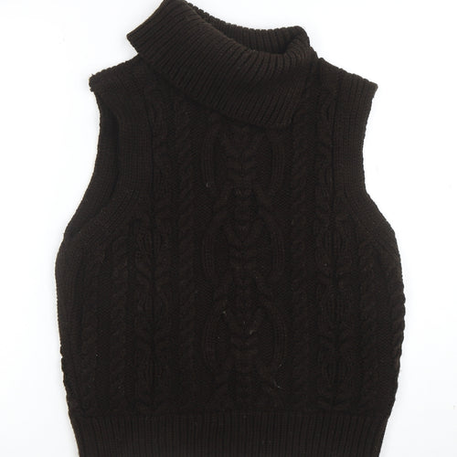 Zara Womens Brown Cable-Knit Sleeveless Roll Neck Jumper Vest Size M
