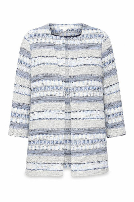 Front view of H&M Women Blue Striped Tweed Blazer Jacket M Mid-Length 3/4 Sleeve