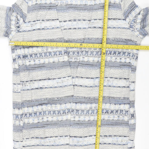 H&M Women Blue Striped Tweed Blazer Jacket M Mid-Length 3/4 Sleeve