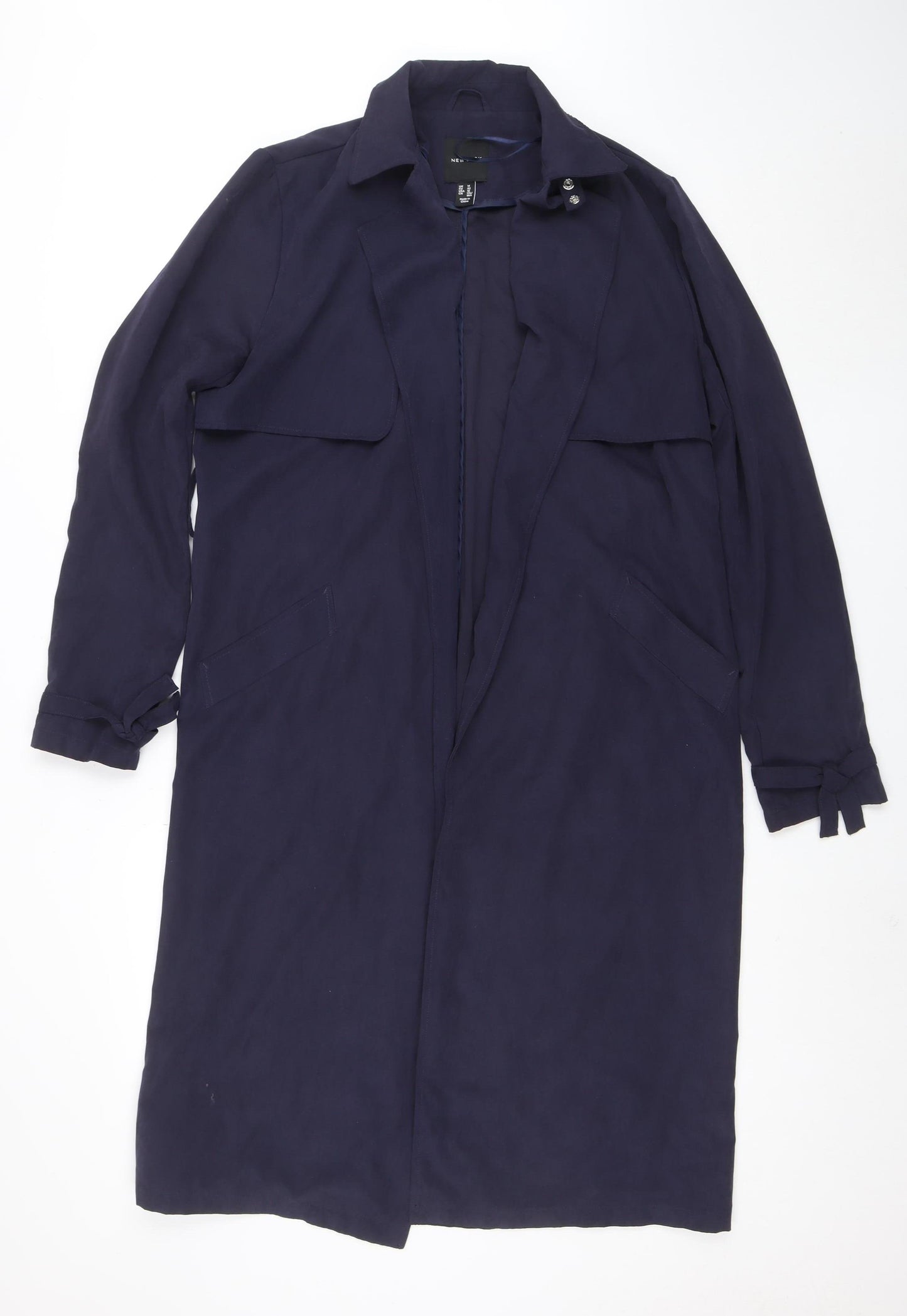 New Look Women Blue Long Trench Coat Size 14 Belted Classic Style