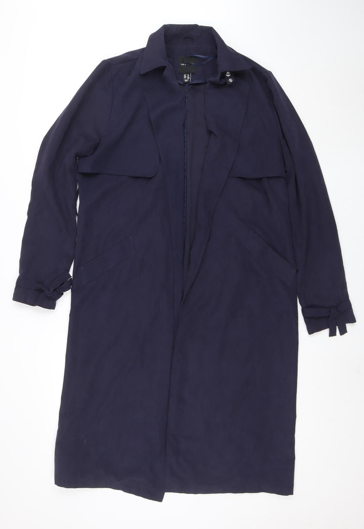 New Look Women Blue Long Trench Coat Size 14 Belted Classic Style