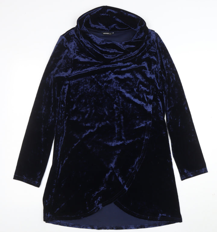 Roman Women Blue Size 10 Velvet Cowl Neck Long Sleeve Shift Dress