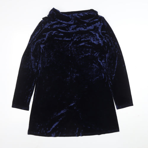 Roman Women Blue Size 10 Velvet Cowl Neck Long Sleeve Shift Dress