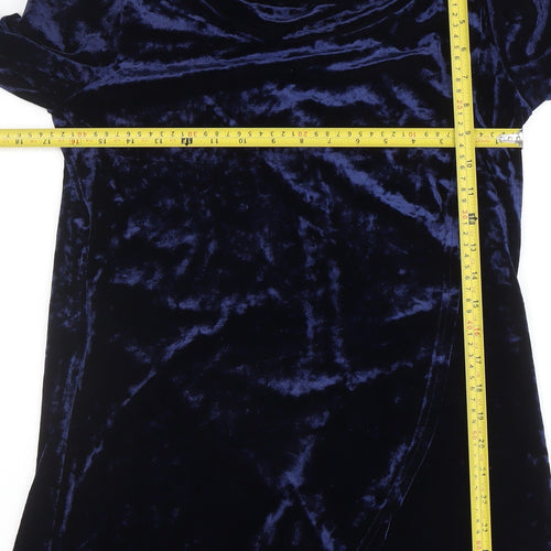 Roman Women Blue Size 10 Velvet Cowl Neck Long Sleeve Shift Dress